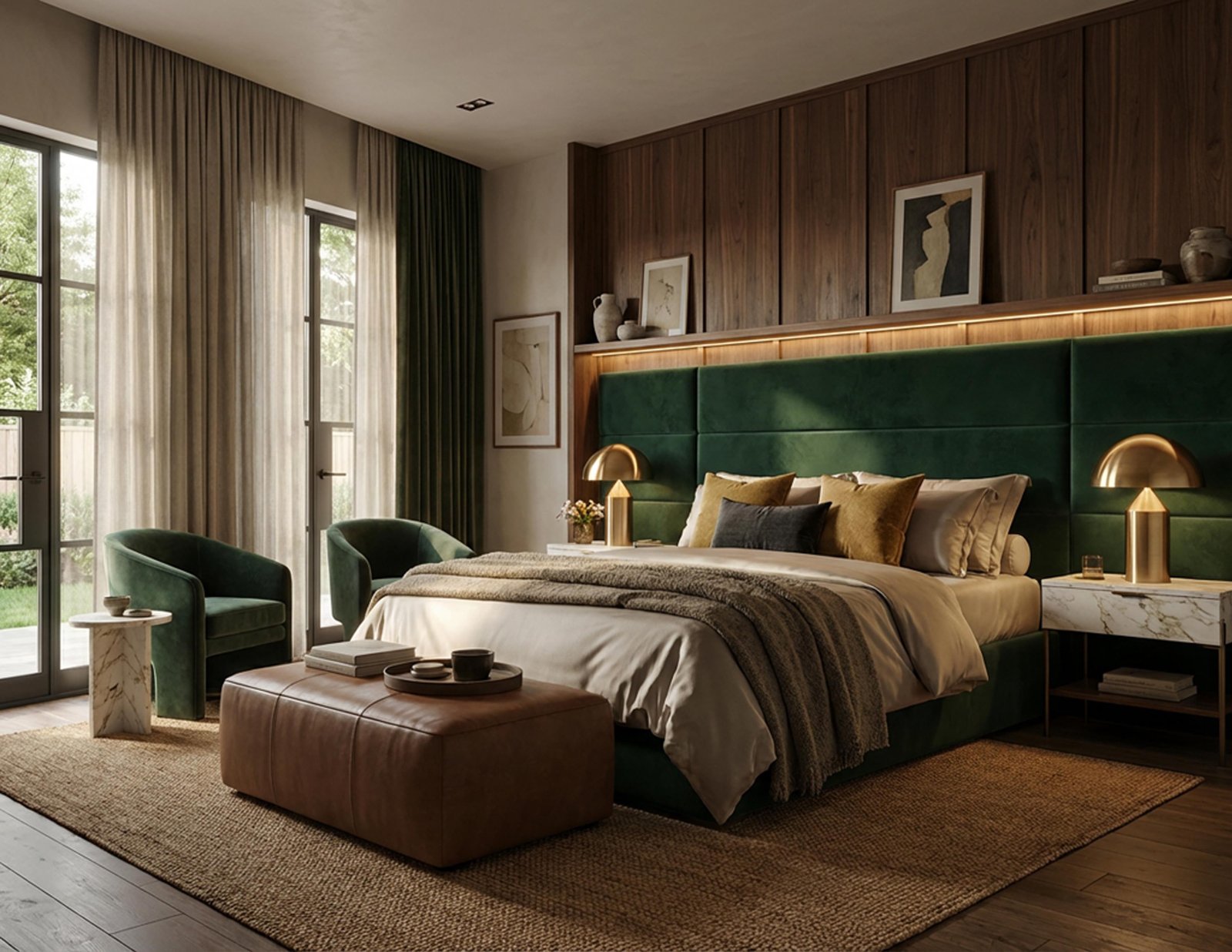 A bedroom with an emerald velvet headboard wall, walnut panelling and brass lamps