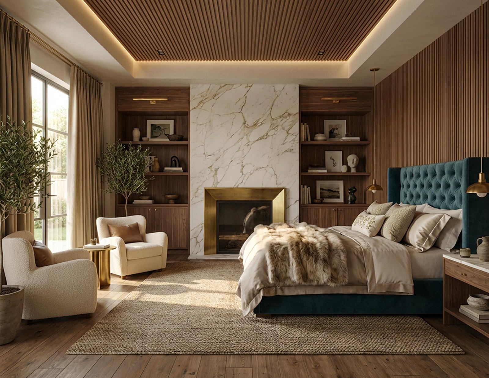 A primary bedroom by LRS Interiors — slatted walnut ceiling, marble fireplace surround and a tufted velvet bed